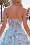 Green Sweetheart Sheer Corset A-Line Floral Homecoming Dress with Appliques