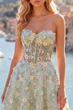 Green Sweetheart Sheer Corset A-Line Floral Homecoming Dress with Appliques