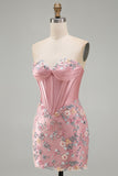 Sweetheart Pink Corset Bodycon Floral Homecoming Dress with Appliques