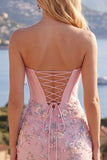 Sweetheart Pink Corset Bodycon Floral Homecoming Dress with Appliques
