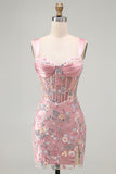 Blue Sheer Corset Bodycon Floral Ruched Appliqued Cocktail Dress with Slit
