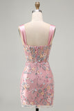 Blue Sheer Corset Bodycon Floral Ruched Appliqued Cocktail Dress with Slit
