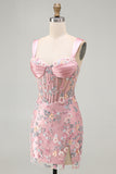 Blue Sheer Corset Bodycon Floral Ruched Appliqued Cocktail Dress with Slit