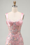 Blue Sheer Corset Bodycon Floral Ruched Appliqued Cocktail Dress with Slit