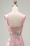 Blue Sheer Corset Bodycon Floral Ruched Appliqued Cocktail Dress with Slit