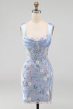 Blue Sheer Corset Bodycon Floral Ruched Appliqued Cocktail Dress with Slit