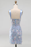 Blue Sheer Corset Bodycon Floral Ruched Appliqued Cocktail Dress with Slit