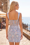 Blue Sheer Corset Bodycon Floral Ruched Appliqued Cocktail Dress with Slit