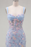 Blue Sheer Corset Bodycon Floral Ruched Appliqued Homecoming Dress with Slit