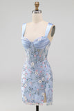Blue Sheer Corset Bodycon Floral Ruched Appliqued Cocktail Dress with Slit