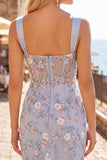 Blue Sheer Corset Bodycon Floral Ruched Appliqued Cocktail Dress with Slit