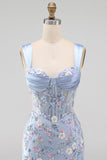 Blue Sheer Corset Bodycon Floral Ruched Appliqued Cocktail Dress with Slit