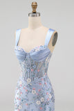 Blue Sheer Corset Bodycon Floral Ruched Appliqued Cocktail Dress with Slit
