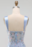 Blue Sheer Corset Bodycon Floral Ruched Appliqued Cocktail Dress with Slit