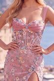 Blue Sheer Corset Bodycon Floral Ruched Appliqued Cocktail Dress with Slit