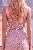 Blue Sheer Corset Bodycon Floral Ruched Appliqued Cocktail Dress with Slit