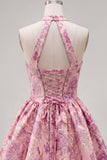 Fuchsia A-Line Halter Neck Jacquard Floral Homecoming Dress