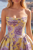 A-Line Yellow Strapless Ruched Jacquard Floral Homecoming Dress