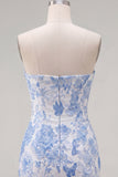 Blue Jacquard Sweetheart Bodycon Floral Homecoming Dress with Bow