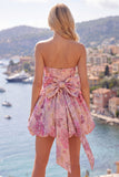 A-Line Pink Sweetheart Jacquard Floral Homecoming Dress with Bow