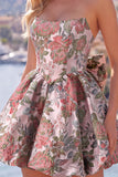 A-Line Pink Sweetheart Jacquard Floral Homecoming Dress with Bow