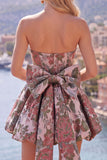 A-Line Pink Sweetheart Jacquard Floral Homecoming Dress with Bow
