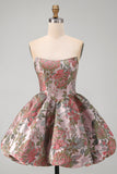 A-Line Pink Sweetheart Jacquard Floral Homecoming Dress with Bow