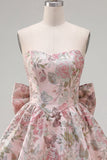 A-Line Pink Sweetheart Jacquard Floral Homecoming Dress with Bow