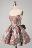 A-Line Pink Sweetheart Jacquard Floral Homecoming Dress with Bow