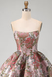 A-Line Pink Sweetheart Jacquard Floral Homecoming Dress with Bow