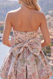A-Line Pink Sweetheart Jacquard Floral Homecoming Dress with Bow