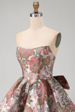 A-Line Pink Sweetheart Jacquard Floral Homecoming Dress with Bow