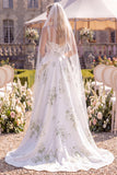 White Green Flower Sweep Train A Line Beaded Beach Wedding Dress with Veils