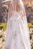 White Green Flower Sweep Train A Line Beaded Beach Wedding Dress with Veils