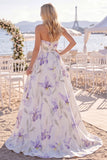 White Purple Flower A Line Ruched Sweep Train Beach Wedding Dress with Slit