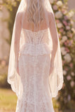 White Floral Lace Mermaid Ruffled Sweep Train Corset Boho Wedding Dress with Veils