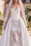 Floral White Beaded Corset Mermaid Sweep Train Wedding Dress with Veils