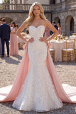 Sparkly White Floral Sweetheart Mermaid Sweep Train Wedding Dress with Cape