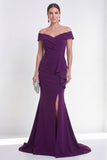 Off the Shoulder Purple Mermaid Ruched Formal Dress with Slit