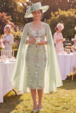 Green Bodycon Appliqued Floral Midi Mother of the Bride Dress with Cape