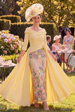 Yellow Floral Bodycon Ruched Long Mother of the Bride Dress with 3/4 Sleeves