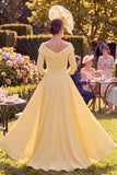 Yellow Floral Bodycon Ruched Long Mother of the Bride Dress with 3/4 Sleeves
