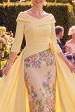 Yellow Floral Bodycon Ruched Long Mother of the Bride Dress with 3/4 Sleeves