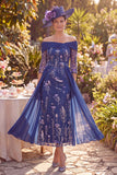 Off the Shoulder Navy Floral A-Line Ruched Midi Mother of the Bride Dress with 3/4 Sleeves