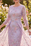 Lilac Floral Round Neck Beaded Midi Mother of the Bride Dress with 3/4 Sleeves