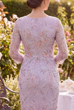 Lilac Floral Round Neck Beaded Midi Mother of the Bride Dress with 3/4 Sleeves