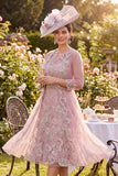 Tulle Blush Floral Round Neck Beaded Midi Mother of the Bride Dress