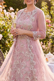 Tulle Blush Floral Round Neck Beaded Midi Mother of the Bride Dress