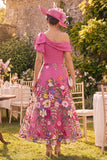 Fuchsia A-Line One shoulder Floral Long Mother of the Bride Dress with Bow