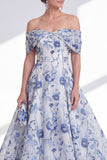 A-Line Blue Flower Off the Shoulder High Low Mother Of the Bride Dress